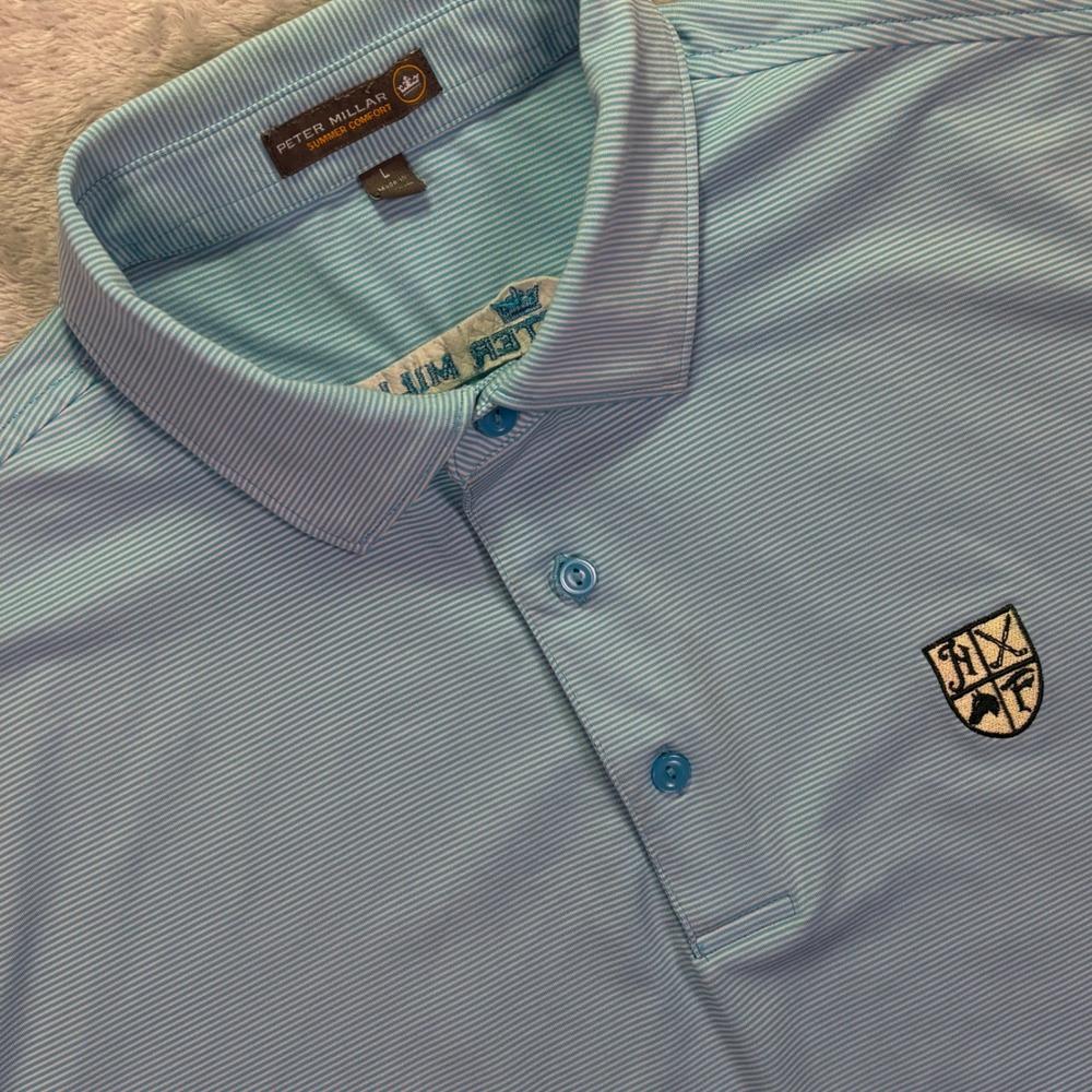 Peter Millar Mens Polo Size Large Blue Striped Summer Comfort Crest MS18EK11S